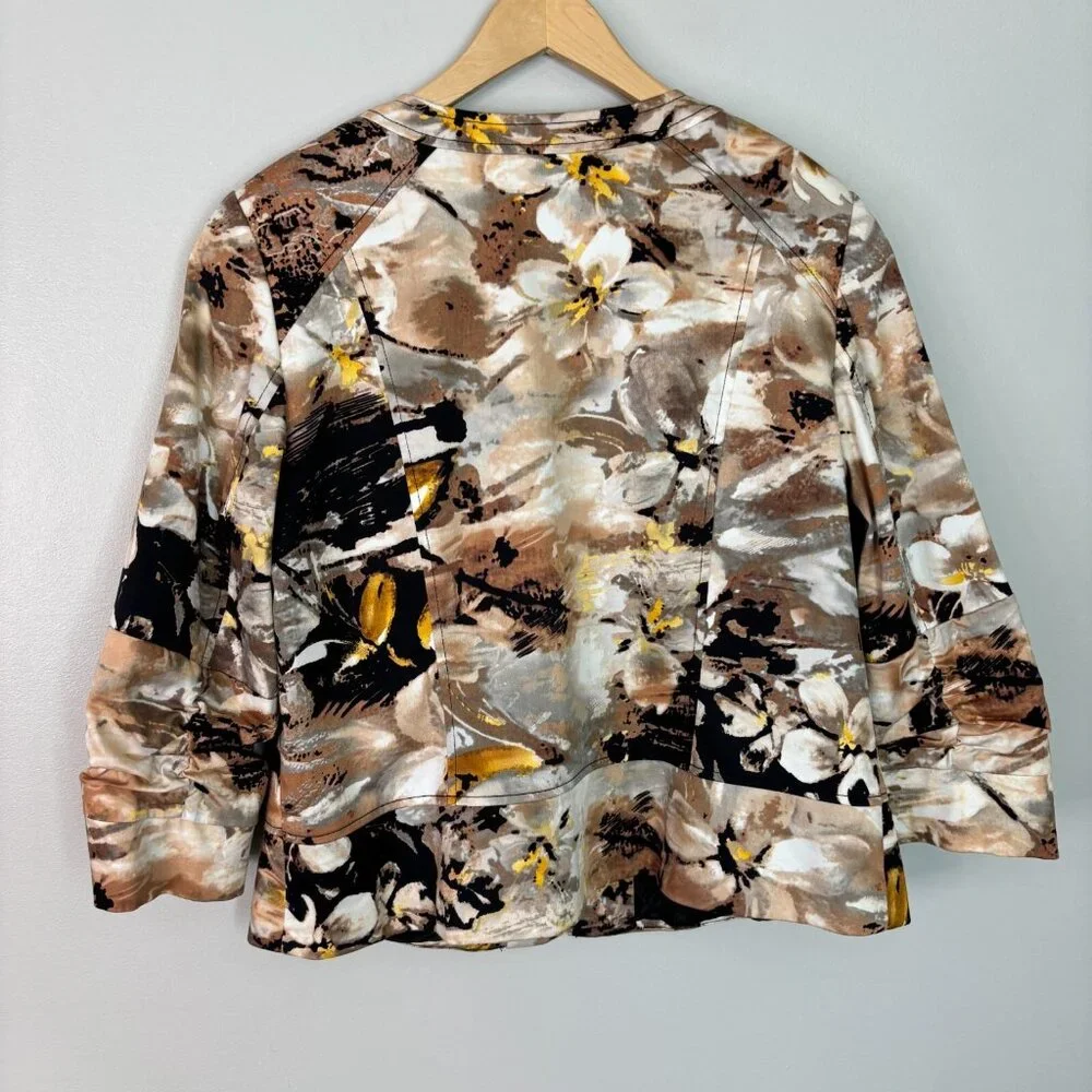Coldwater Creek Jacket 16 Brown Yellow Floral Full-Zip 3/4 Sleeves Cotton Womens